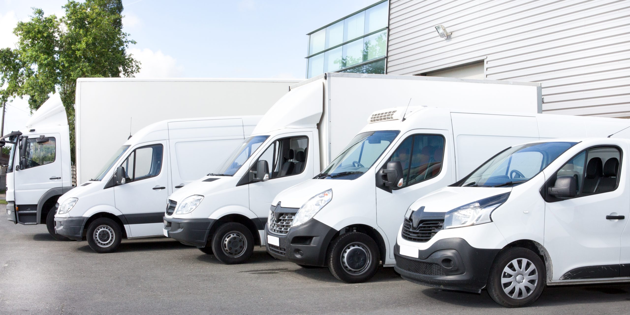 Several cars vans trucks parked in parking lot for rent or delivery