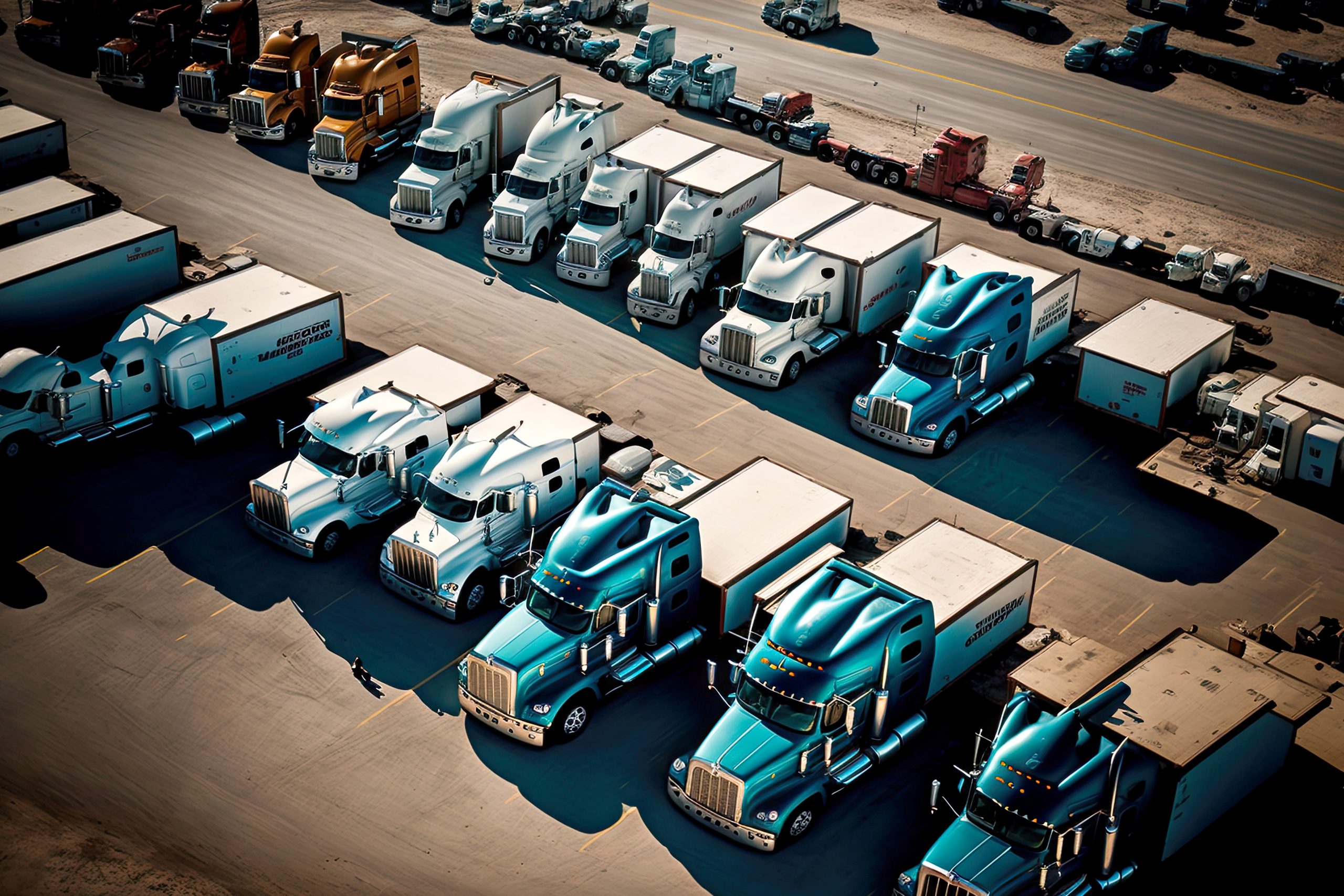 Mass parking with trucks, aerial view car parking