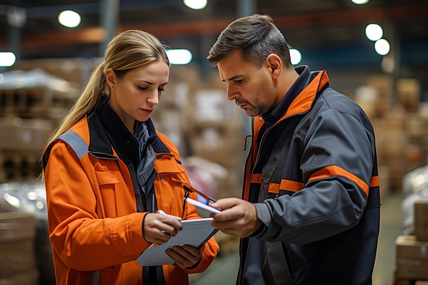 Two logistics coworkers standing at warehouse between boxes, AI generated