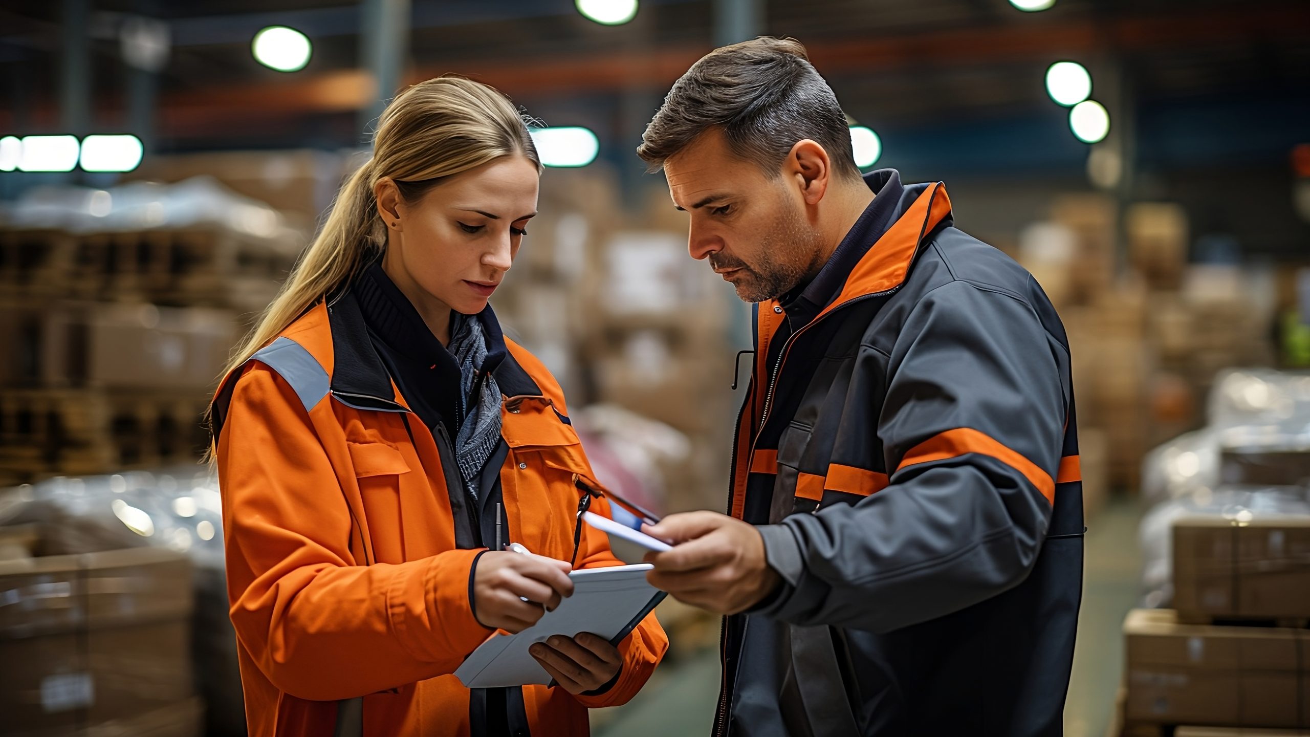 Two logistics coworkers standing at warehouse between boxes, AI generated