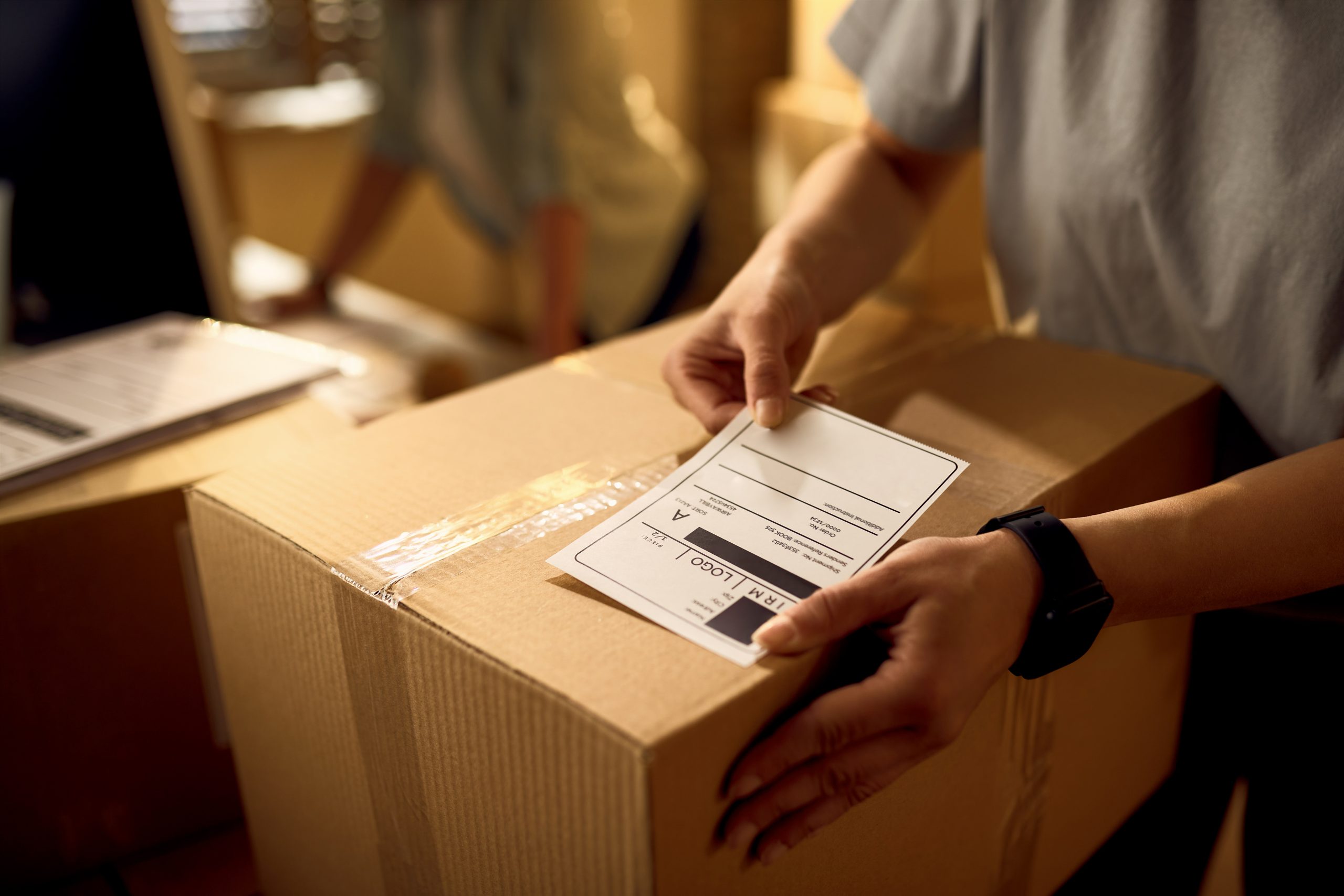 Close-up of deliverer attaching data label on cardboard box in t