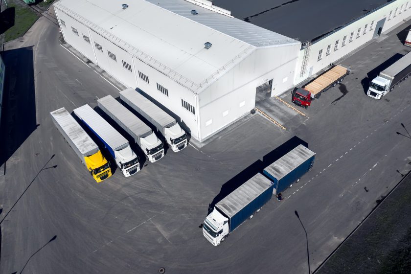 Trucks in the logistics center top view.