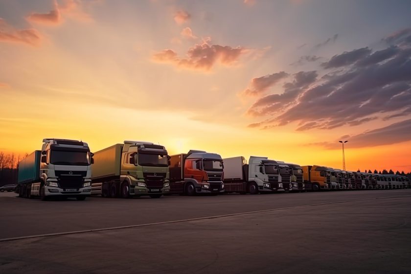 many transport trucks parked at a service station at sunset. Ai generative