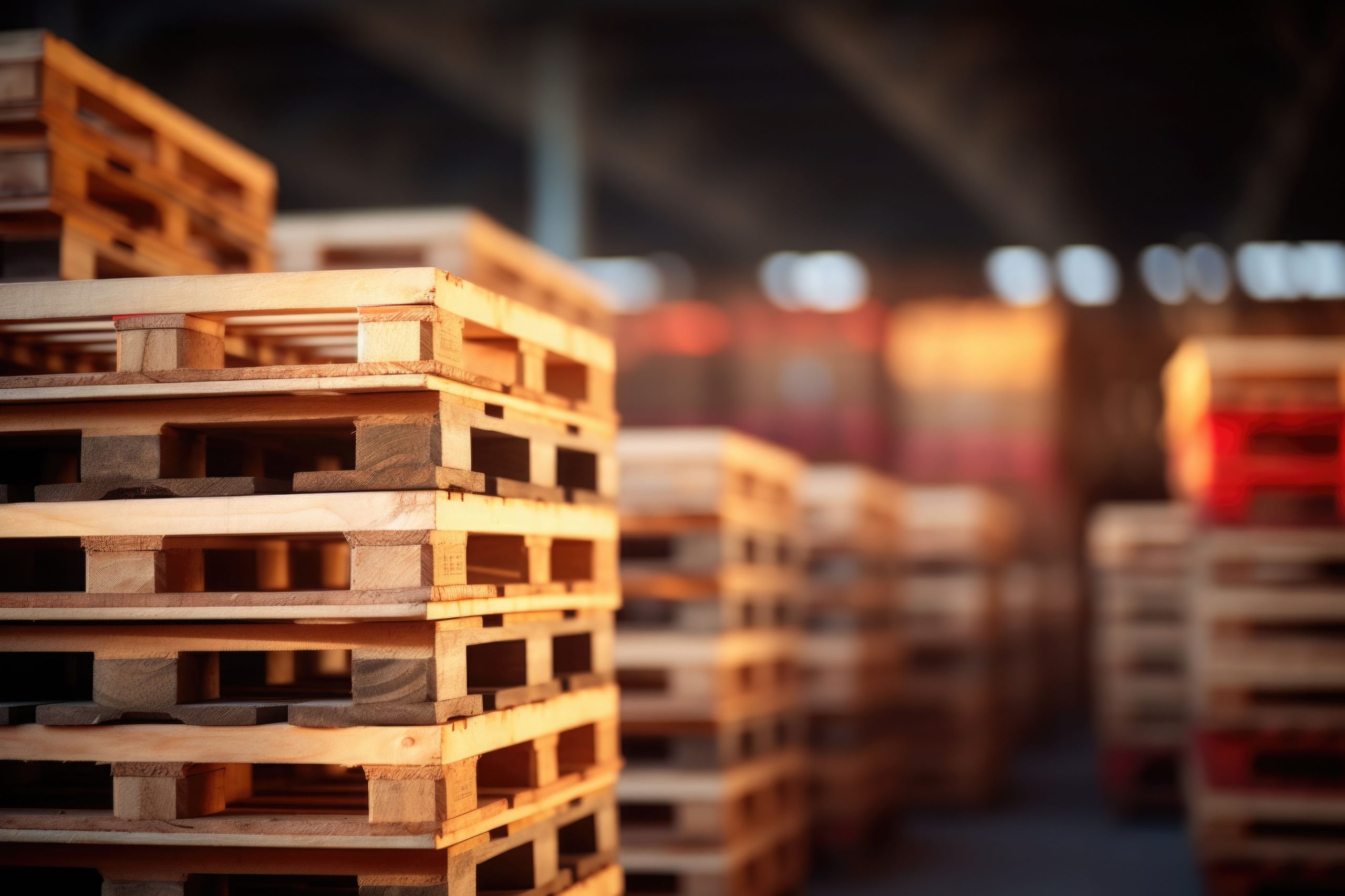 Wooden pallets stacked in a warehouse on blurred background. Generative AI