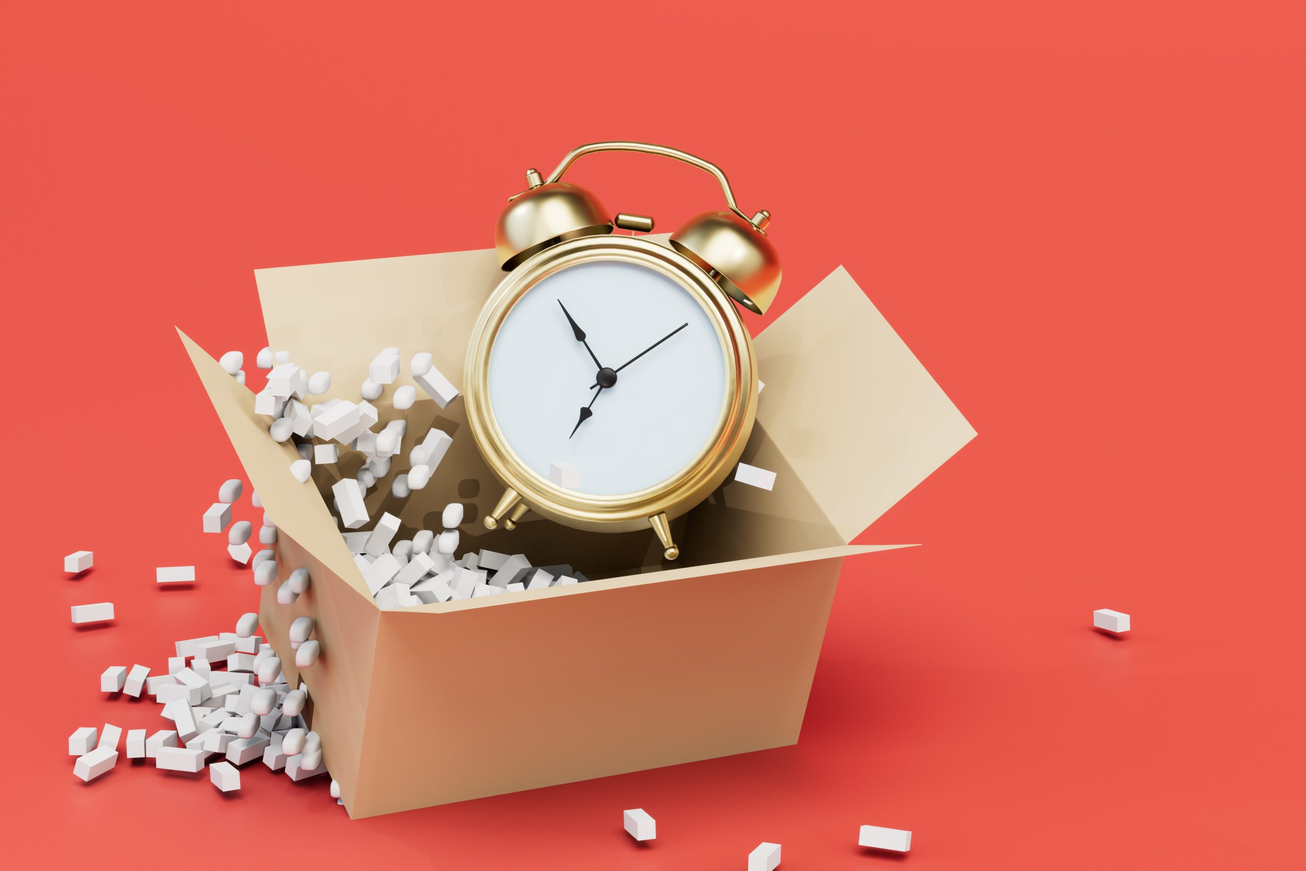 delivery time of the parcel. open box with alarm clock on a red background. 3D render